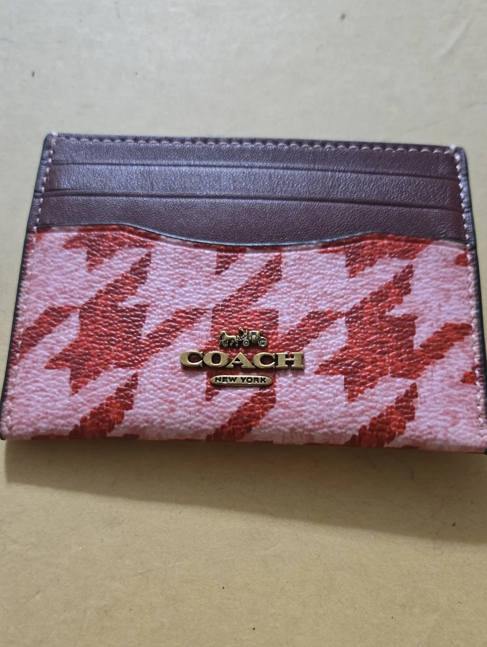 Coach Pink & Red Houndstooth Card Holder with Gold Logo